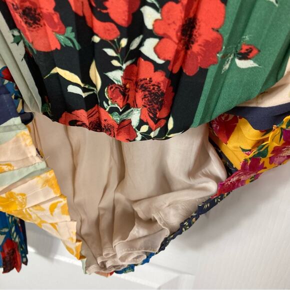 New Anthropologie Pant XS Floral Colorblock Pleated Wide PullUp Gold Waist Lined - Picture 7 of 15